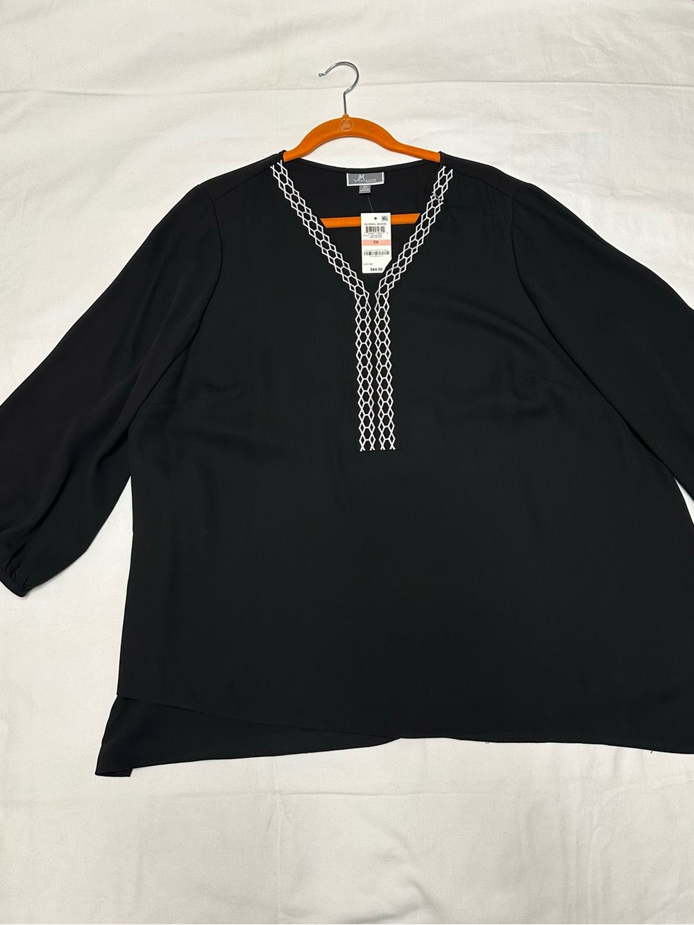 JM Collection Black V-Neck Blouse with White Embroidery